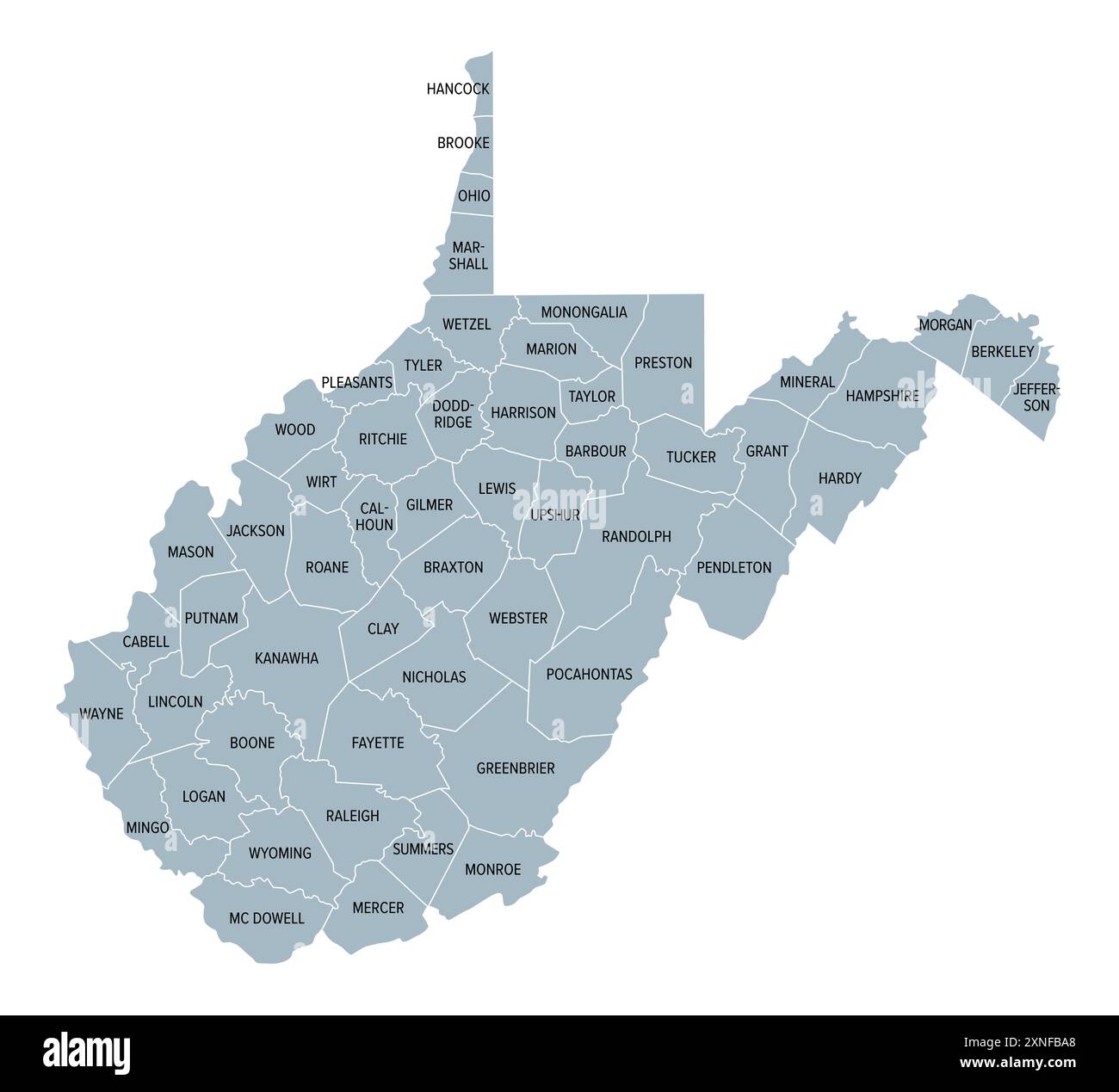West Virginia County, graue politische Karte mit Grenzen und County-Namen. Binnenstaat im Südosten und Mittelatlantik der USA. Stockfoto