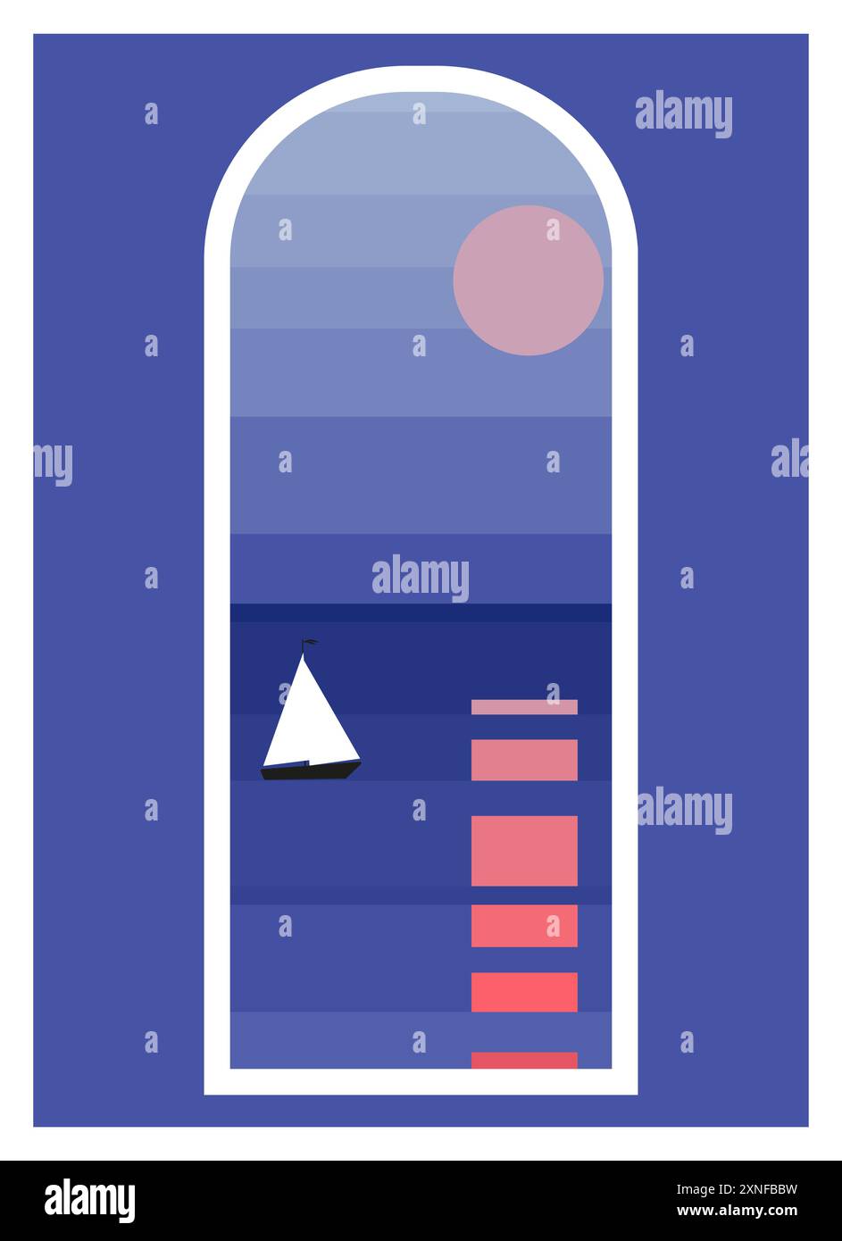 Nordische blaue Landschaft mit Meeresillustration. Poster mit skandinavischem Blick. Norwegischer Fjord. Kunstdesign für Tapeten, Wanddekor, Postkarte Stock Vektor