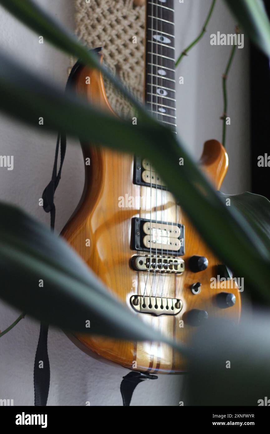Eine elektrische Gitarre wird elegant von den leuchtend grünen Blättern einer üppigen Pflanze eingerahmt. Der Kontrast zwischen der schlanken Gitarre und dem natürlichen Laub Stockfoto