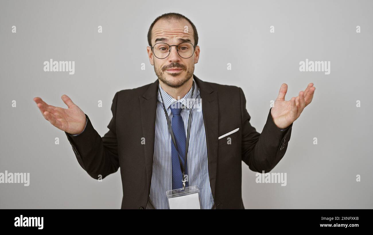 Ein kahler, bärtiger Mann in einem Anzug gibt unsicher vor weißem Hintergrund, trägt Brille und ein Schlüsselband. Stockfoto