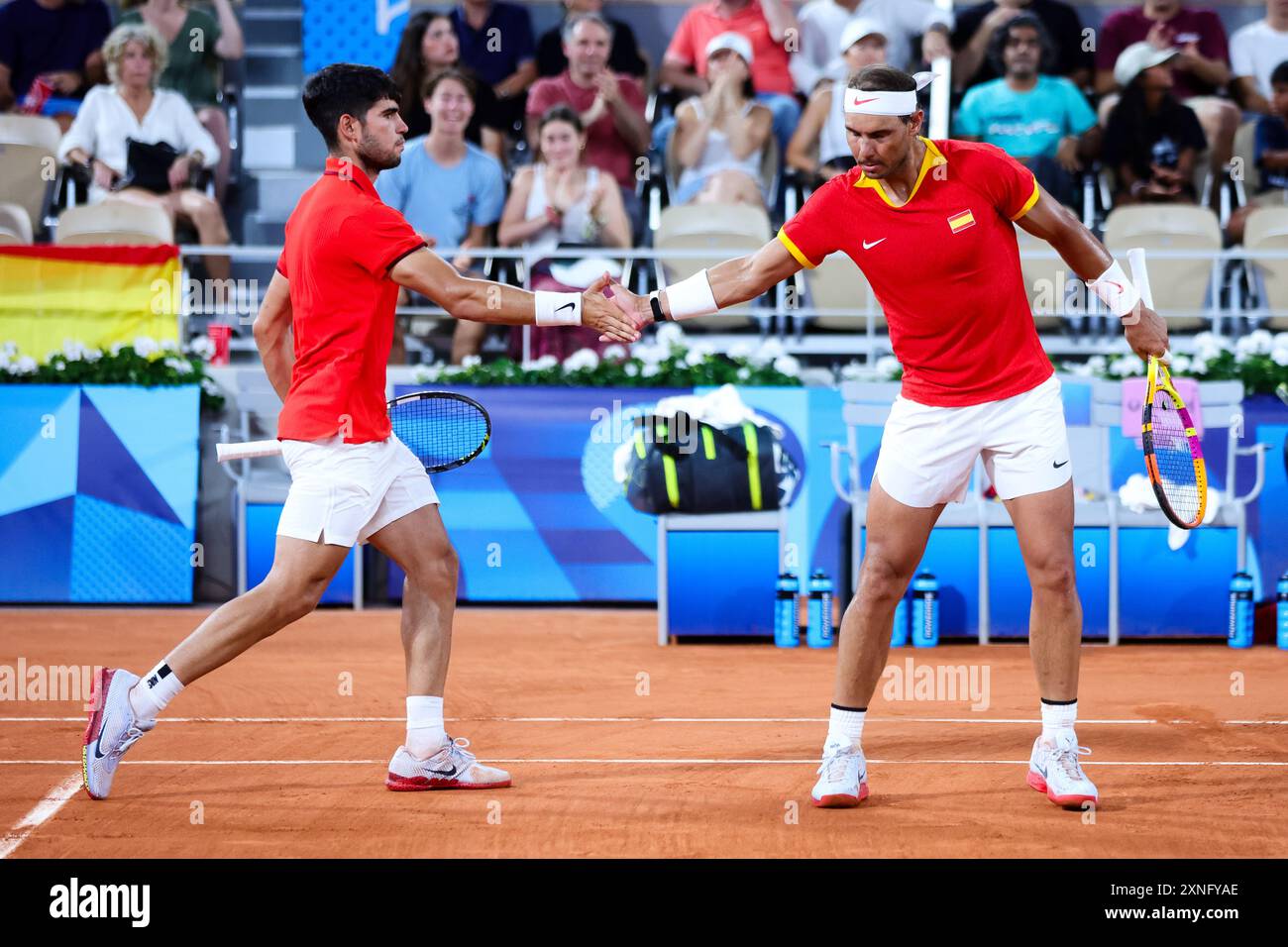 Paris, Frankreich, 31. Juli 2024. Carlos Alcaraz und Rafael Nadal (Spanien MenÕs) während der Olympischen Spiele 2024 in Paris im Doppelviertel am 31. Juli 2024 in Paris, Frankreich. Quelle: Pete Dovgan/Speed Media/Alamy Live News Stockfoto