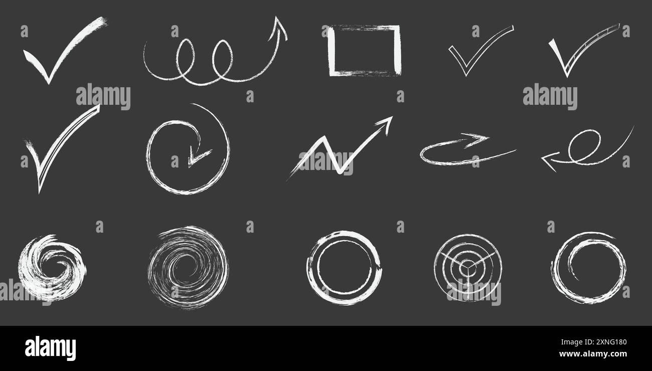 Unsere exklusive Kollektion umfasst sorgfältig von Hand gezeichnete Elemente, darunter Pfeile, Häkchen und Kreise, die Ihre Projekte mit aufwerten Stock Vektor