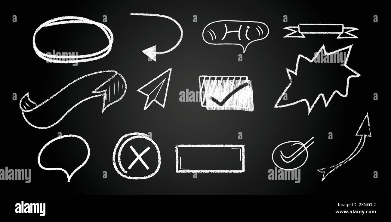 Eine Reihe von Kreidezeichnungen auf einer Tafel, einschließlich einer ovalen Form, eines Häkchens, eines falschen Kreuzes, eines Kreuzes, eines Pfeils, Sprechblase, Doppelprüfung, Aktivkohlepfeil, Stock Vektor