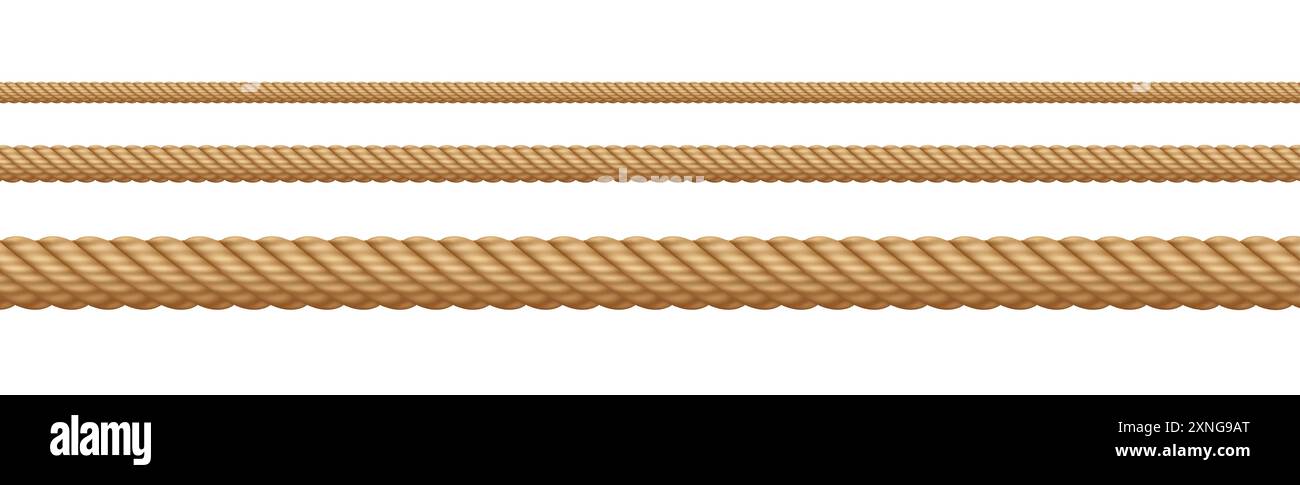 Seilschnur, realistische Juteschnur, Hanf verdrehtes Seil isoliert auf weißem Hintergrund. Stock Vektor