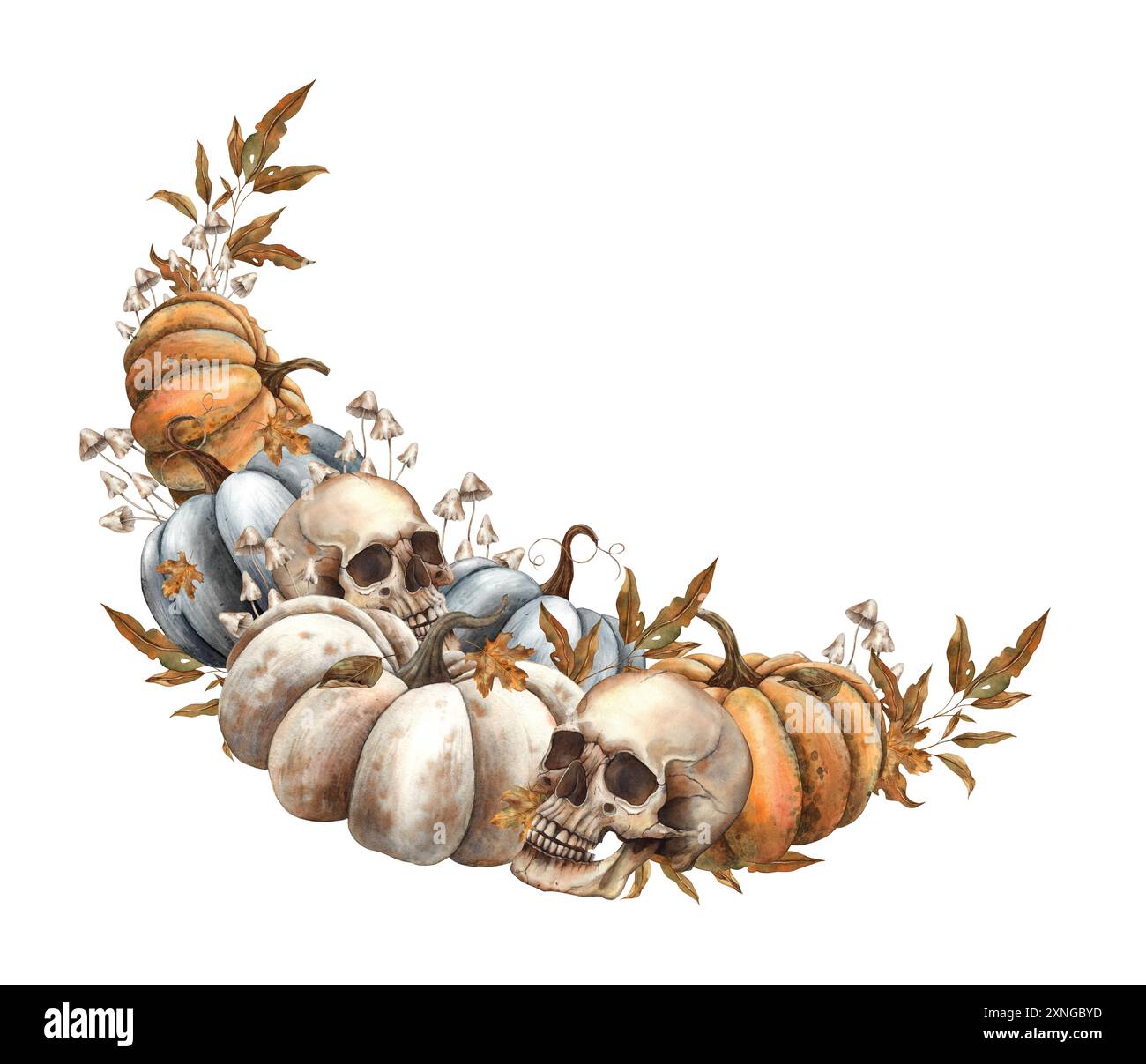 Orange, weißer und schwarzer Kürbis, Schädel, Herbstblätter, Pilze. Gezeichnete halbkreisförmige Komposition mit Aquarell im gotischen Stil. Für Design, Karten, Herbst Stockfoto