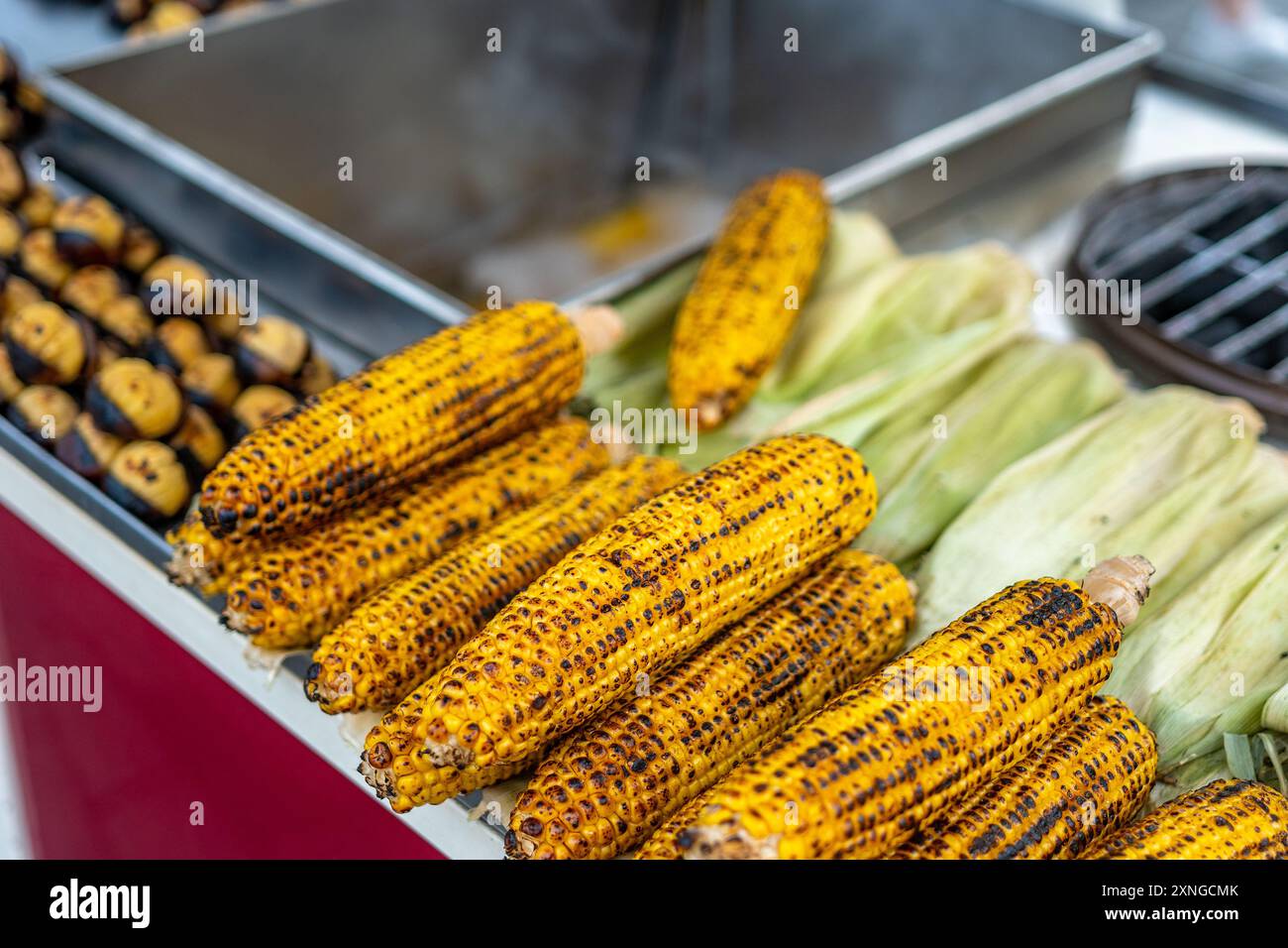 Frisch gekochter oder gegrillter Zuckermais auf dem Kolben, mit Salz und Gewürzen bestreut. Stockfoto
