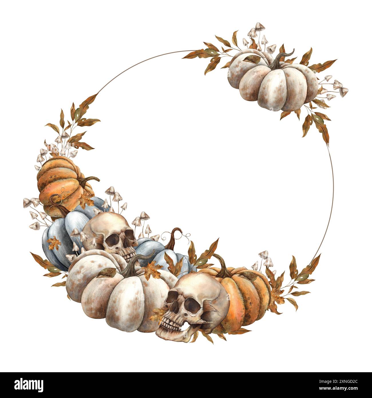 Orange, weißer und schwarzer Kürbis, Schädel, Herbstblätter, Pilze. Handgezeichneter, runder Rahmen mit Aquarell im Gothic-Stil. Für Designdekoration, Karten, Autom Stockfoto