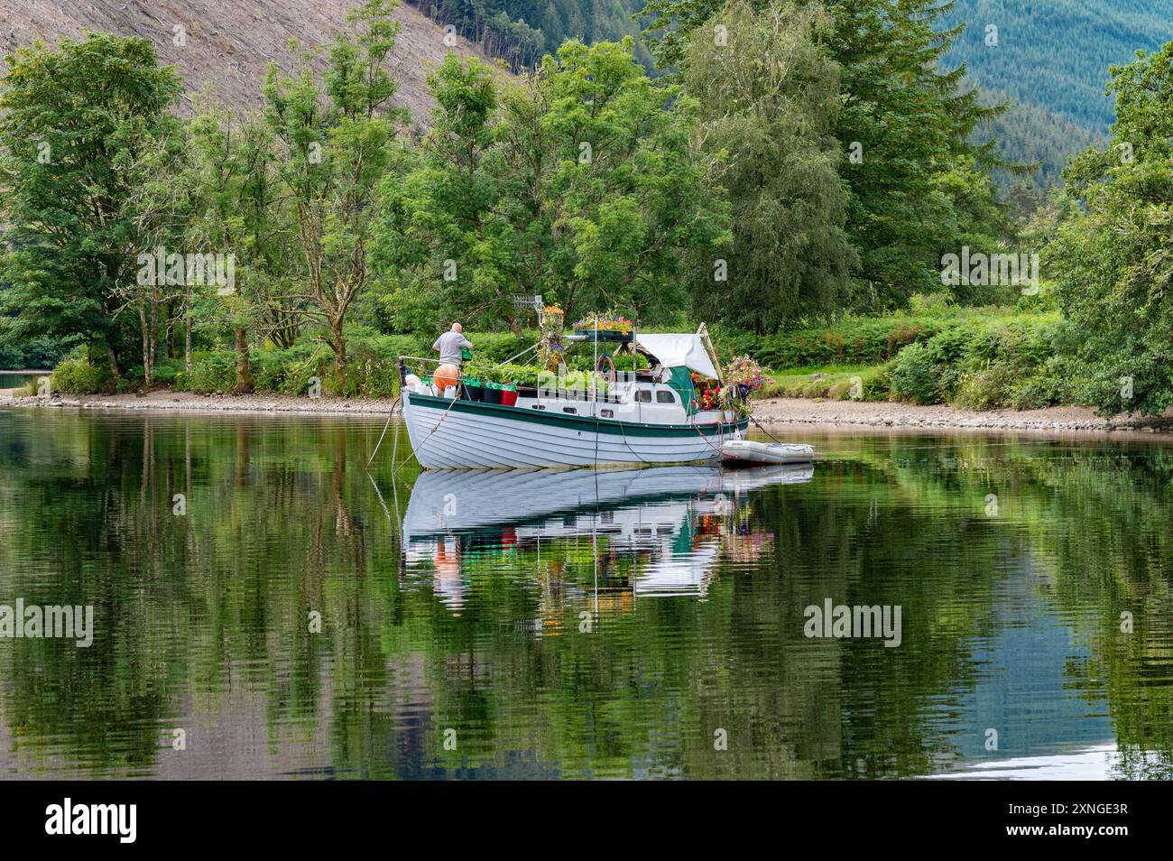 Invergarry, Highlands, Schottland, Großbritannien. 31. Juli 2024. Ein blumiges Boot an einem schönen Tag am Loch Oich in den Highlands von Schottland im Great Glen bei Invergarry. Quelle: John Eveson/Alamy Live News Stockfoto