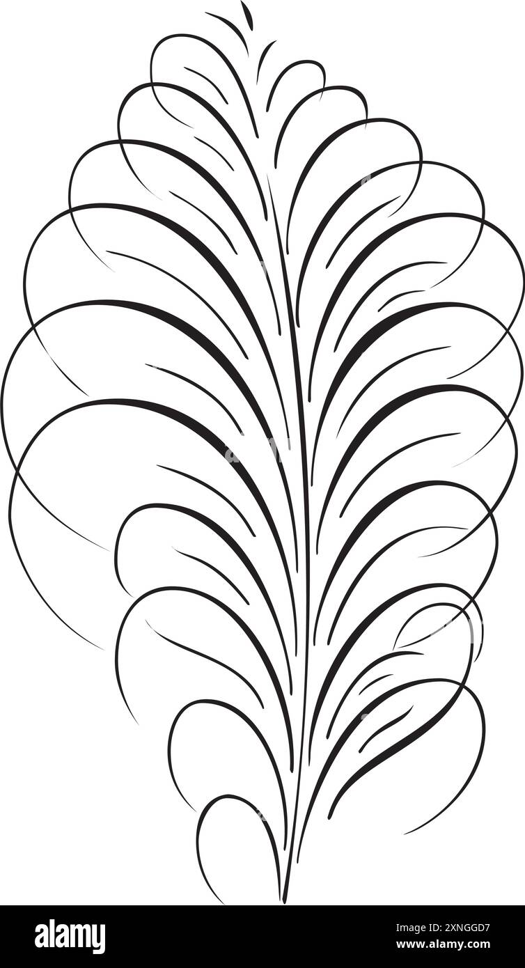 Vektor-Illustration der Vogelfeder. Flauschige Feder Silhouette Strichgrafik. Vektor auf weißem Hintergrund isoliert. Dekoratives orientalisches Element für Druck, Tätowierung Stock Vektor Vektor-Illustration der Vogelfeder. Flauschige Feder Silhouette Strichgrafik. Vektor auf weißem Hintergrund isoliert. Dekoratives orientalisches Element für Druck, Tätowierung Stock Vektor