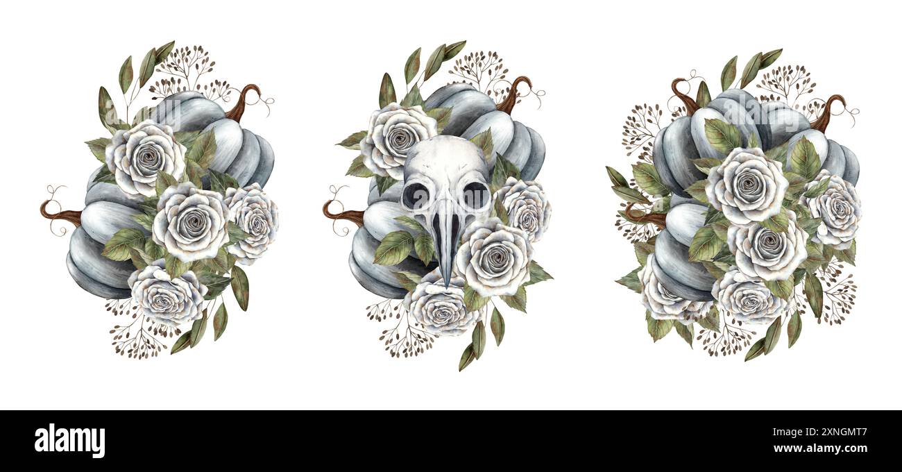 Schwarze Kürbisse, weiße Rosen mit Blättern, trockene Zweige, Vogelschädel. Botanisches Set handgemachter Blumensträuße im gotischen Stil. Passend für Halloween Stockfoto