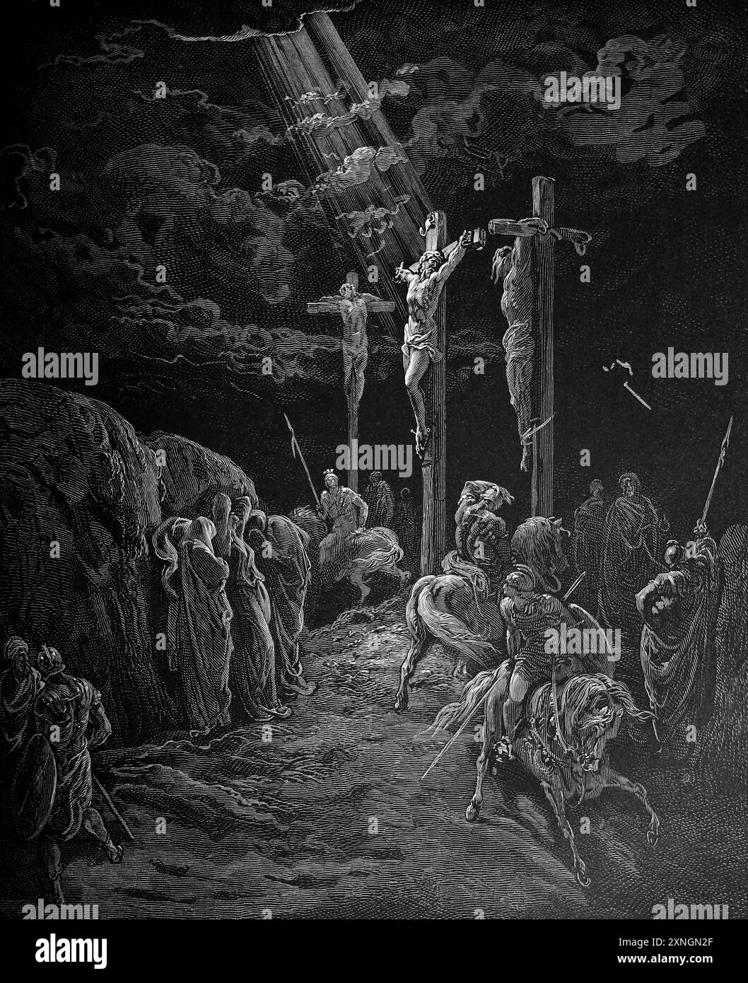 Holzgravierung des Todes Christi der Kreuzigung (Luke23:34-35) von Gustave Dore aus der antiken Bibel des 19. Jahrhunderts Stockfoto