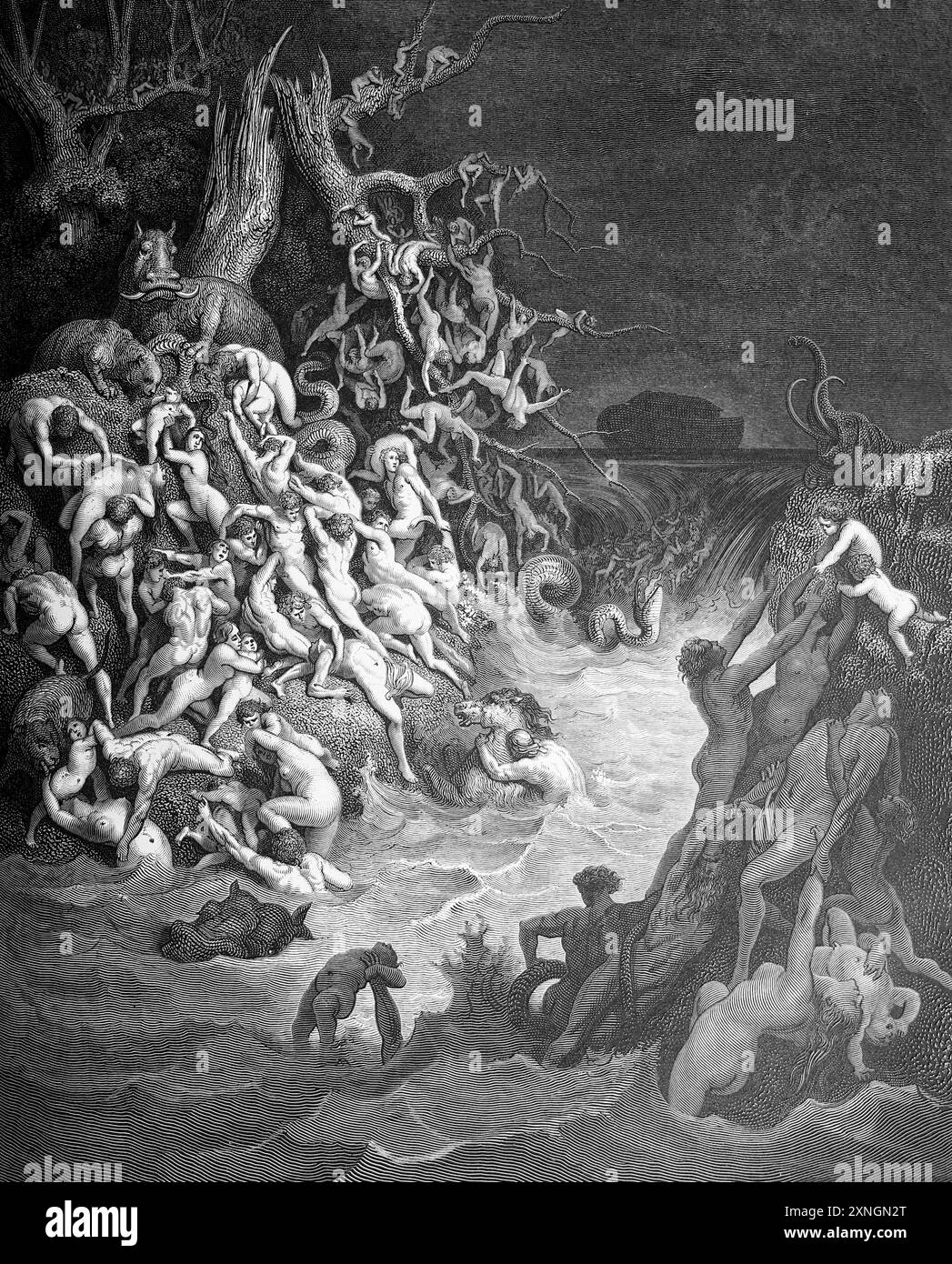 Holzgravierung der Welt zerstört durch Wasser Noah's Ark in der Ferne (Genesis 7;24) von Gustave Dore aus der antiken Bibel des 19. Jahrhunderts Stockfoto