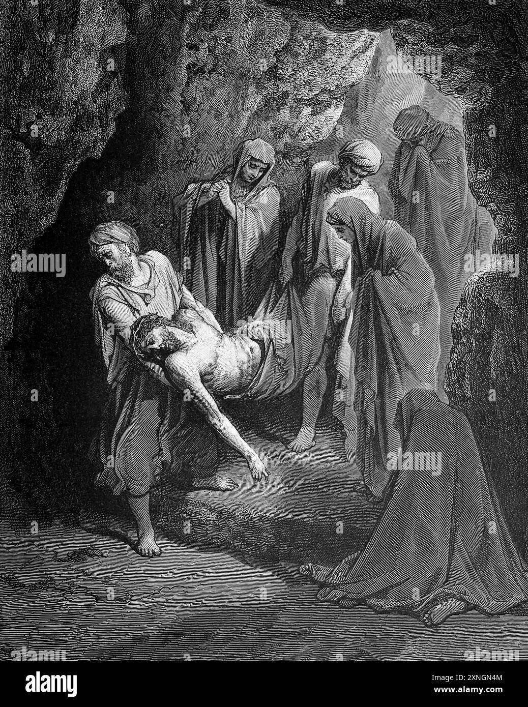 Holzgravierung des Grabes Christi (Matthäus 27: 60–61) von Gustave Dore aus der antiken Bibel des 19. Jahrhunderts Stockfoto