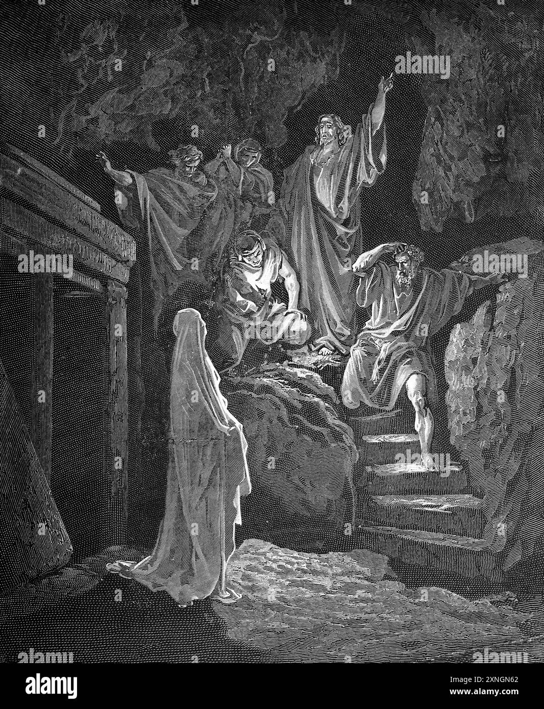 Holzgravierung der Auferstehung des Lazarus – Jesus Christus Auferstehung des Lazarus von Bethanien (Johannes 11:41-43) von Gustave Dore aus dem 19. Jahrhundert Stockfoto