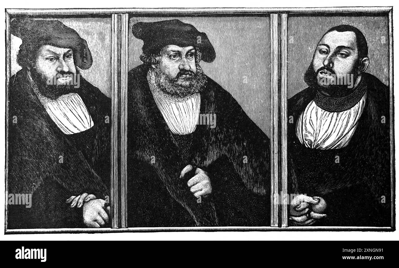 Die sächsischen Kurfürsten Friedrich der Weise, Johannes und Johannes Friedrich Unterstützer Martin Luthers aus einem Gemälde von Lucas Cranach in Nürnberg im Buch der Li Stockfoto