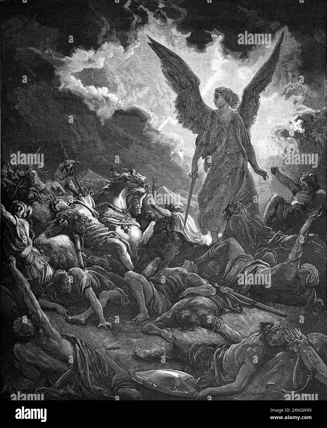 Holzgravierung der Zerstörung der Armee von Sanherib (2 Könige 19:35) - Gott schickt den Engel des Todes, um König Sanherib Assyrische Armee zu zerstören Stockfoto