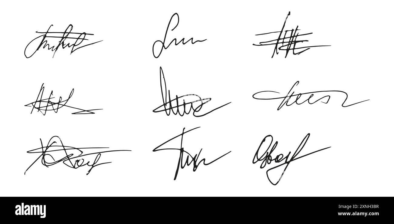 Gefälschte Signatur, handgezeichnetes Muster, eigenes Autogramm. Fiktive handschriftliche Unterschrift. Schwarze Tintenfarbe. Scribble für Musterverträge Dokumente Zertifikate oder Briefe. Vektorabbildung. Stock Vektor