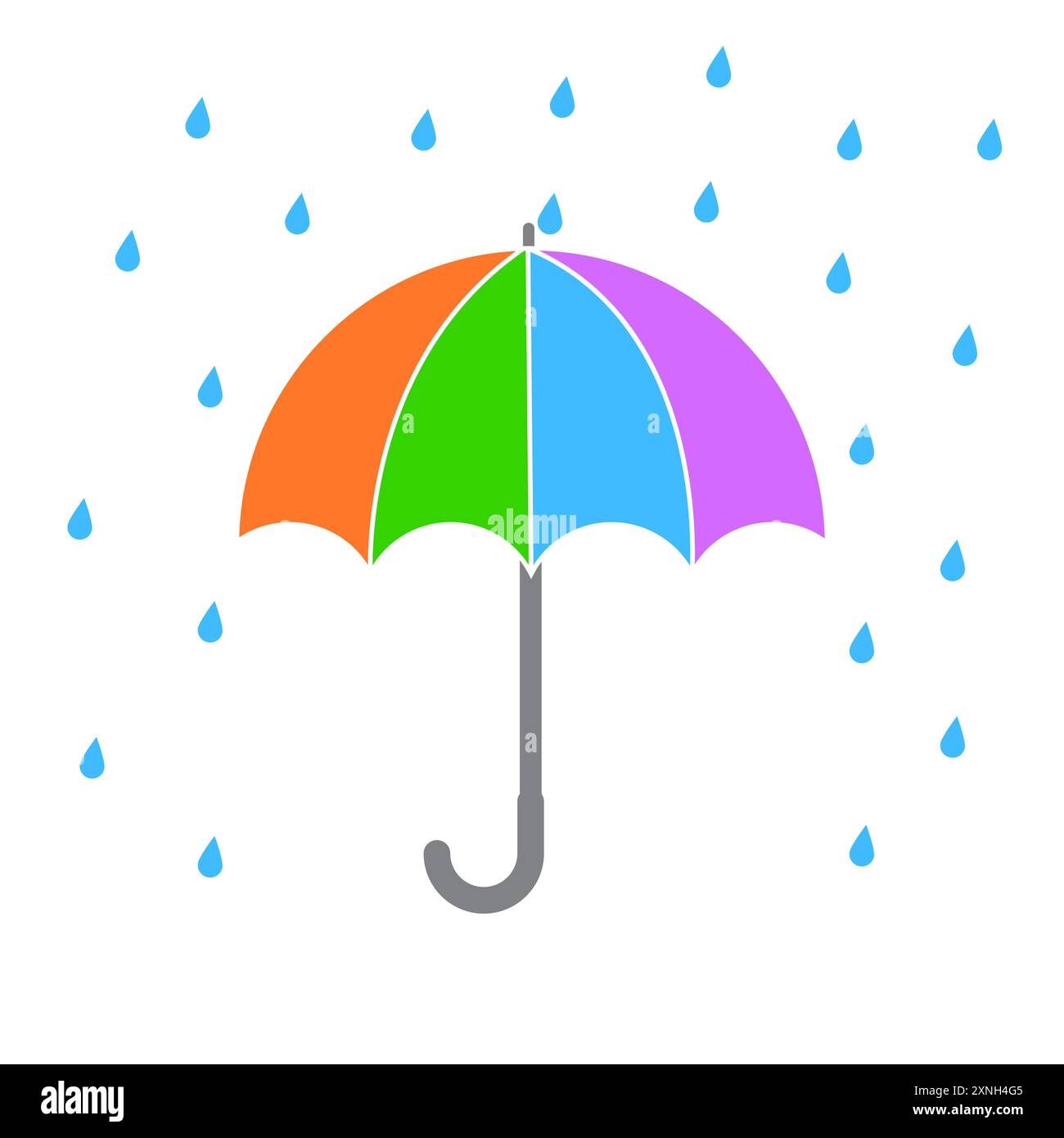 Farbenfroher Regenschirm im Regen. Mehrfarbiger Überdachungsvektor. Blaue Regentropfen Illustration. Wetterschutzsymbol. Stock Vektor