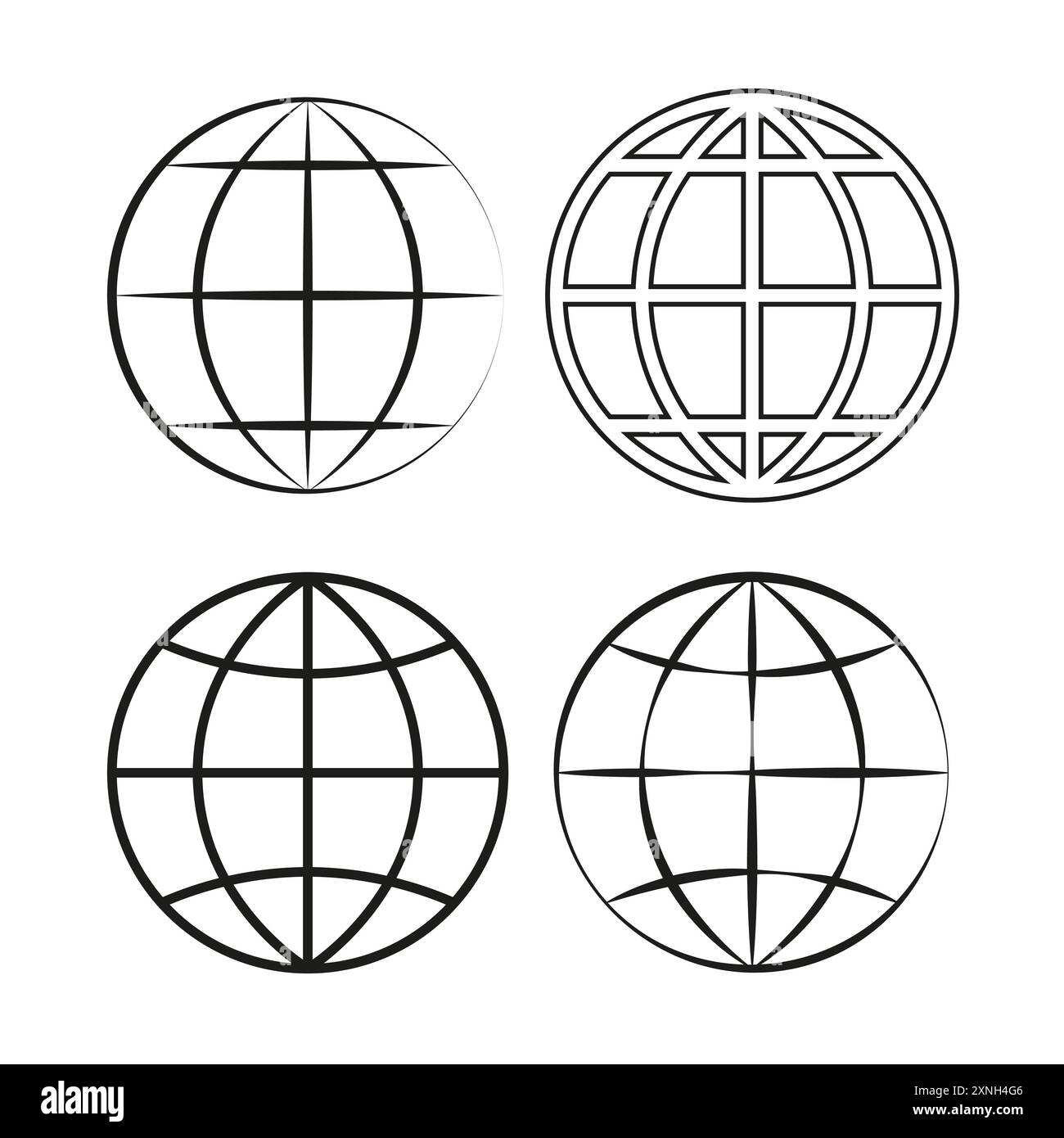 Globus-Symbole eingestellt. Schwarz-weiß. Einfache Strichgrafik. Vektorabbildung. Stock Vektor