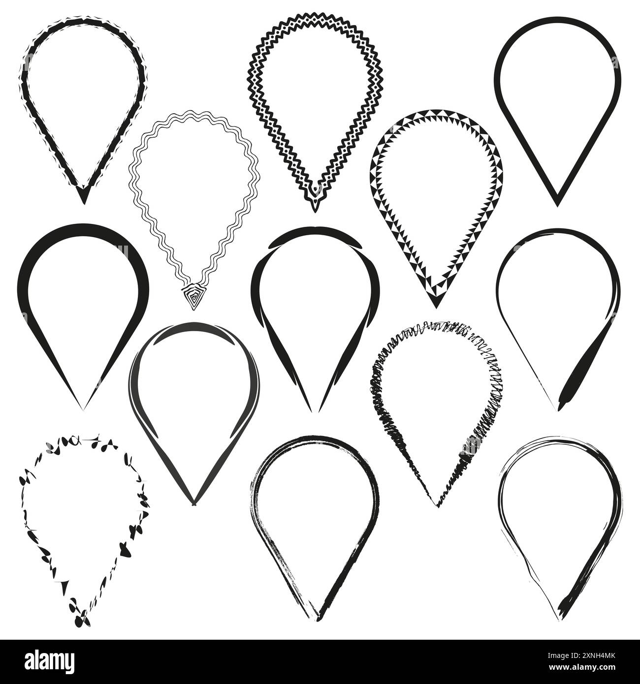 Abstrakte Positionssymbole. Geometrische Markierungsdesigns. Symbole für Vektorabbildungen. Schwarz-weiß. Stock Vektor