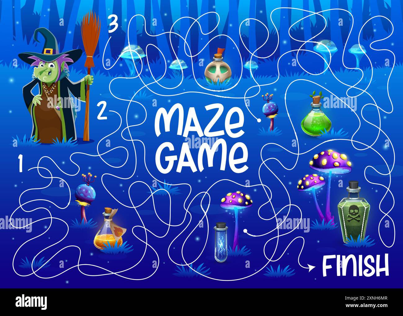 Halloween Labyrinth Labyrinth, helfen Sie Hexe finden eine Zaubertränkflasche auf Märchenwald Wiese Kinder Spiel Vektor Arbeitsblatt. Quiz zum Pathfinding-Rätsel von c Stock Vektor