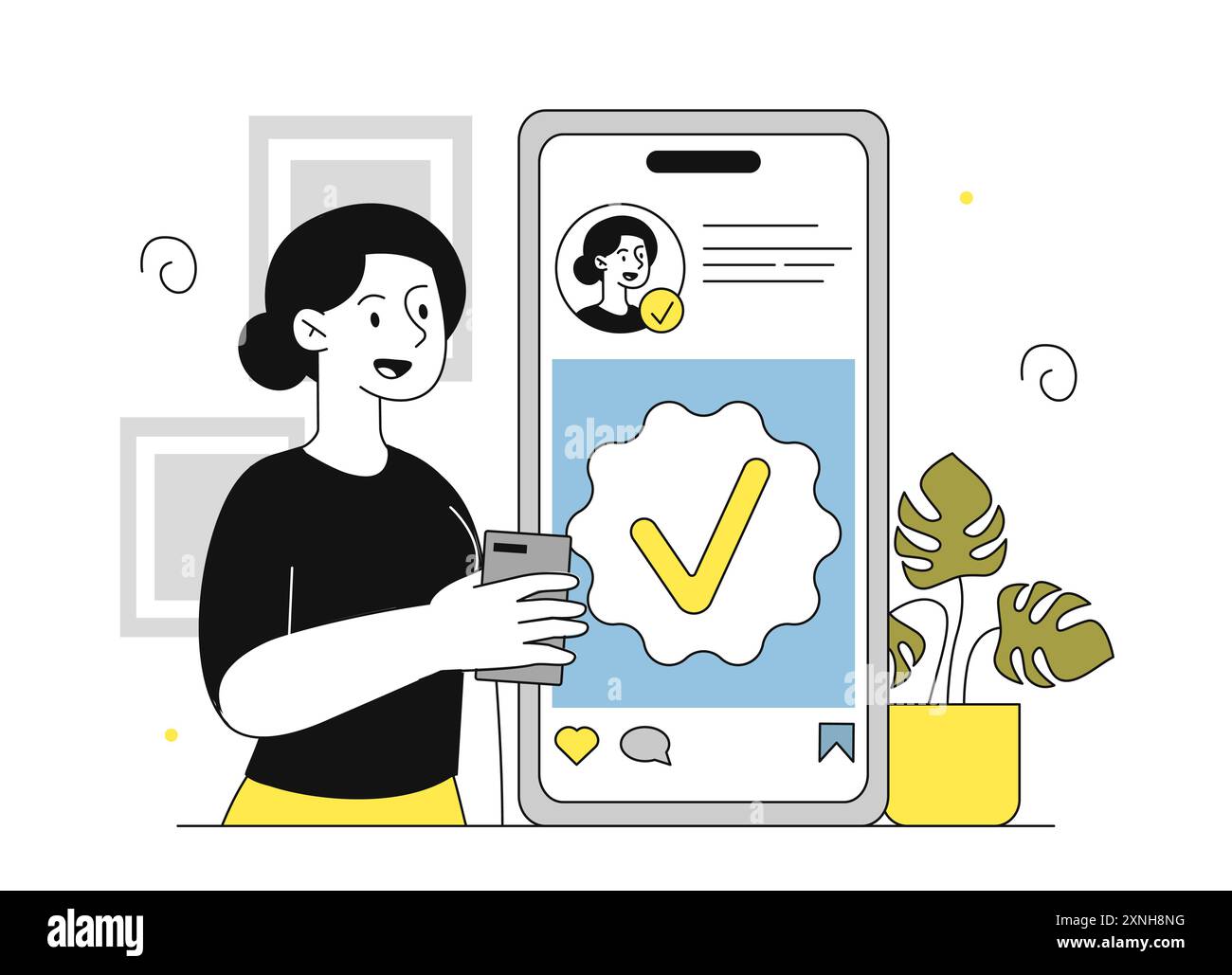 Verifiziertes Social-Media-Konto. Frau in der Nähe des Smartphones mit Häkchen. Bestätigung der Identität des beliebten Bloggers und Inhaltserstellers. Linearer Vektor Stock Vektor