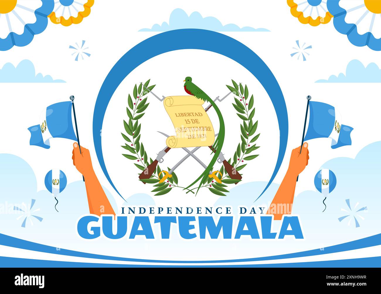 Glückliche Guatemala Unabhängigkeitstag Vektor-Illustration für September 15 mit einer wehenden Flagge und Band in einem flachen Stil Cartoon Hintergrund Stock Vektor