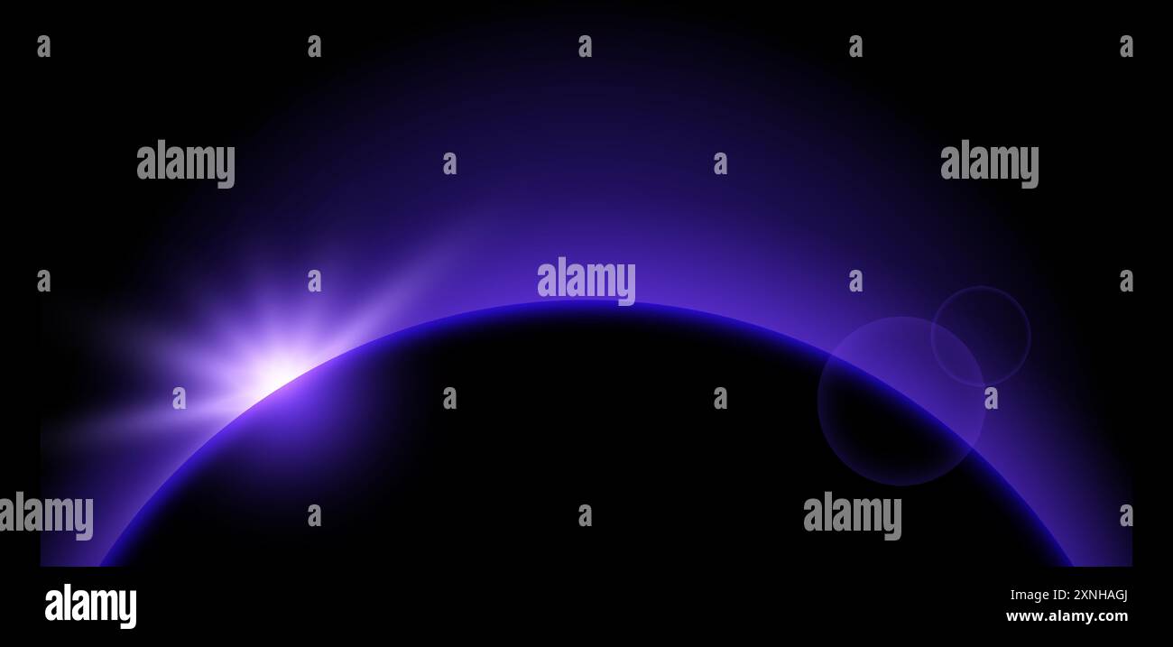 Purple Planet Eclipse Konzept. Sonnenlicht-Blendungseffekt. Strahlender Sonnenaufgangshorizont im dunklen Raum. Erdhalo mit glänzender Kante. Vektor-Illustrationsdesign für Poster, Banner, Cover, Broschüre, Broschüre Stock Vektor