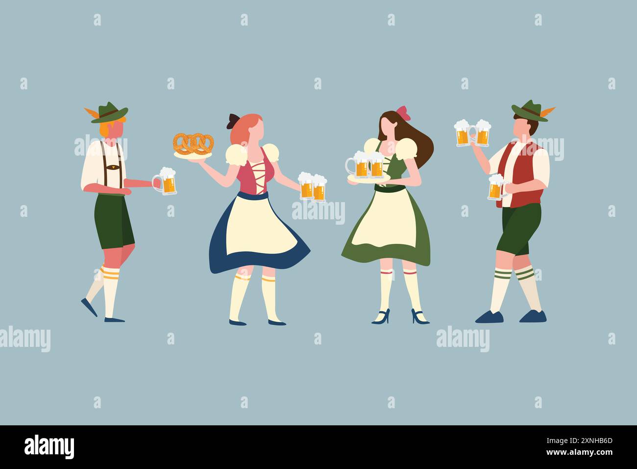 Eine Gruppe von Leuten trinkt Bier oktoberfest-Party. Mann und Frau in traditioneller Kleidung. Flache Zeichentrickabbildung. Stock Vektor