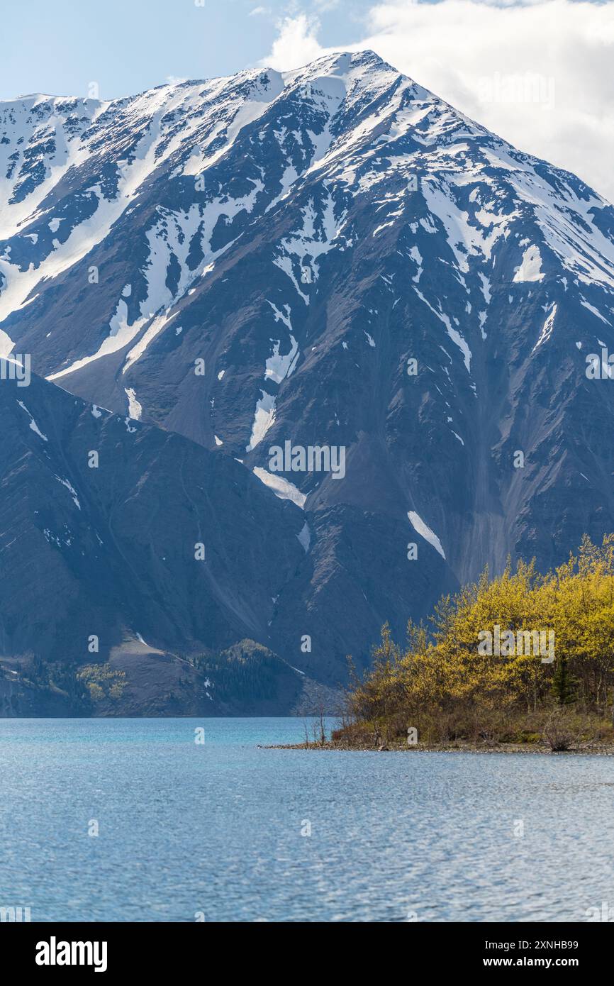 Atemberaubende Frühlingslandschaft im Norden Kanadas im Kluane National Park, Kathleen Lake mit unglaublichen, schneebedeckten Bergen in der Wildnis. Stockfoto