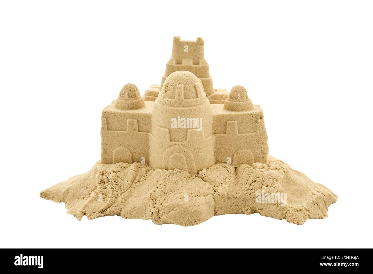 Ein detailliertes Sandcastle auf weißem Hintergrund Stockfoto