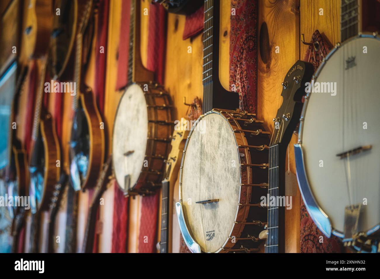 Eine Wand aus Banjos in einem Gitarrenladen Stockfoto