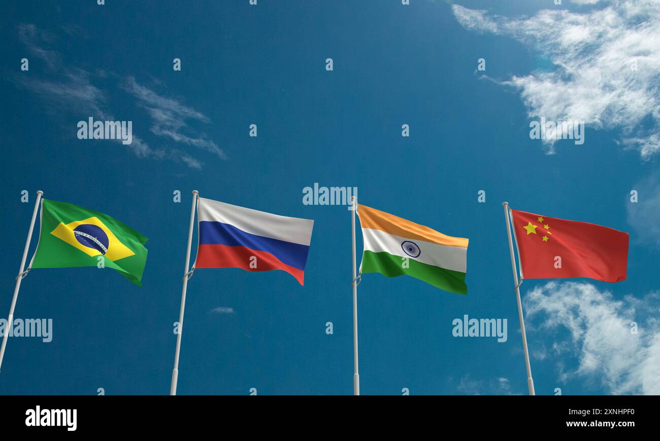 Flagge Bric brasilien russland indien china Land Südafrika nationale blaue Himmel Hintergrund Kopie Raum Dilpomacy politische Regierung internationaler globaler Bus Stockfoto