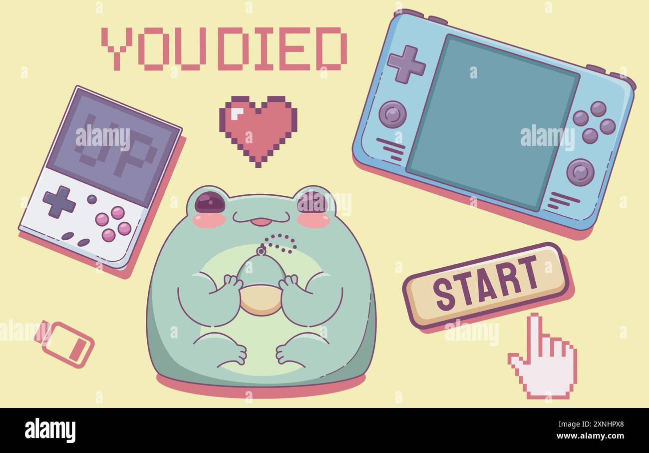 Niedliche Abzeichen und Aufkleber für Retro-Videospiele. Zeichentrickfiguren und Pixel-Art-Elemente des Vintage-Videospiels - Kawaii-Froschfiguren spielen mit digitalem Haustier, Handkonsole und Gamepad, Tasten und Schildern. Stock Vektor