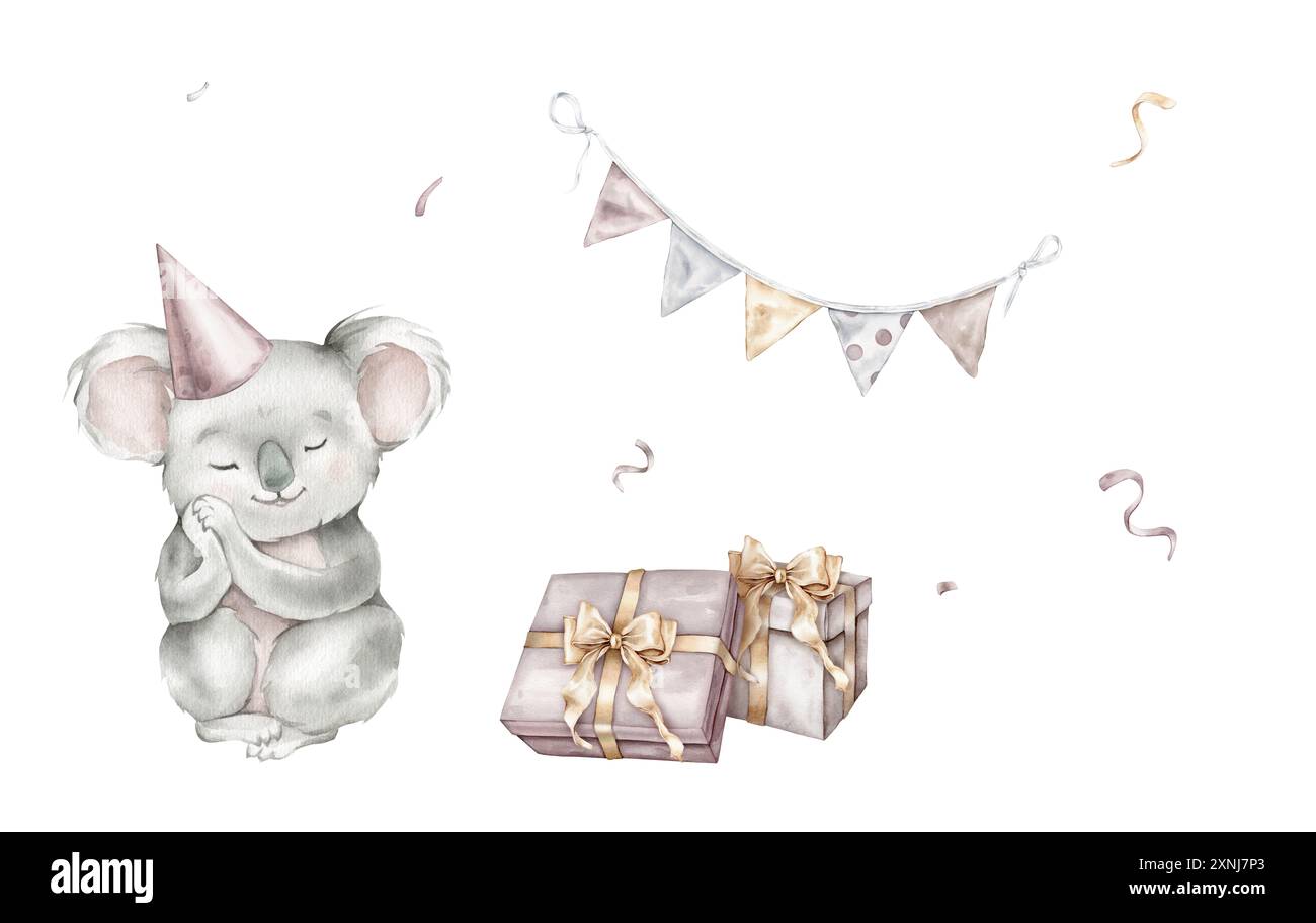 Aquarellkoala und explodierendes Konfetti und Girlande mit Fahnen auf isoliertem Hintergrund. Handgezeichnete Illustration für Grußkarten Stapel Geschenk für Stockfoto