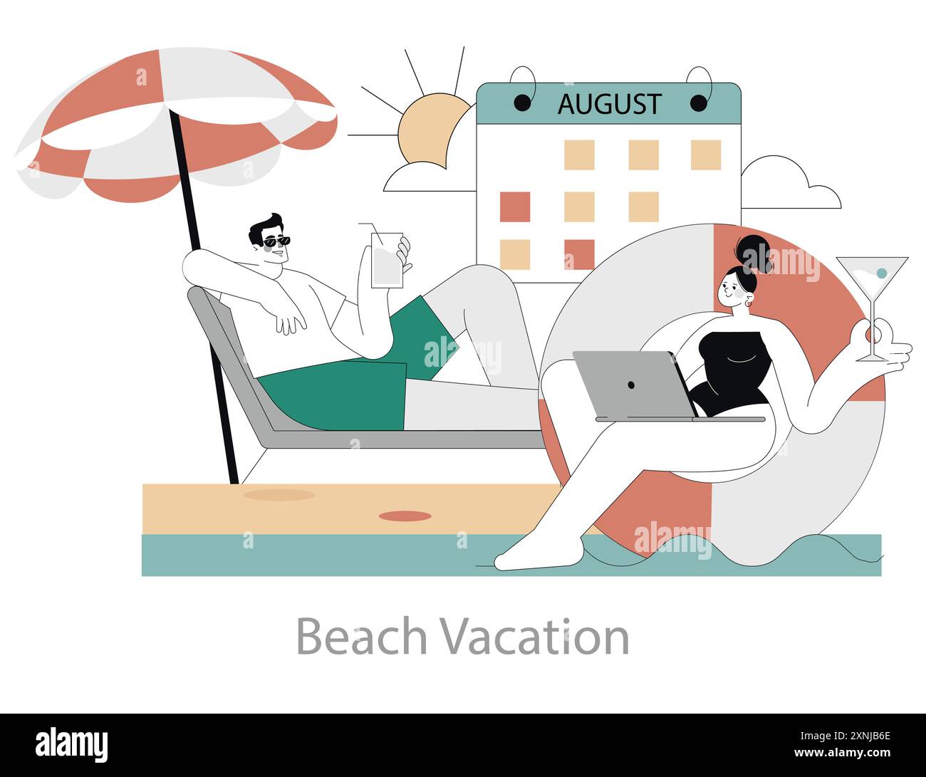 Last Days of Summer Concept. Ein Paar genießt im August einen Urlaub am Meer, mit Gadgets und Getränken und genießt Urlaubsstimmung. Vektorabbildung. Stock Vektor