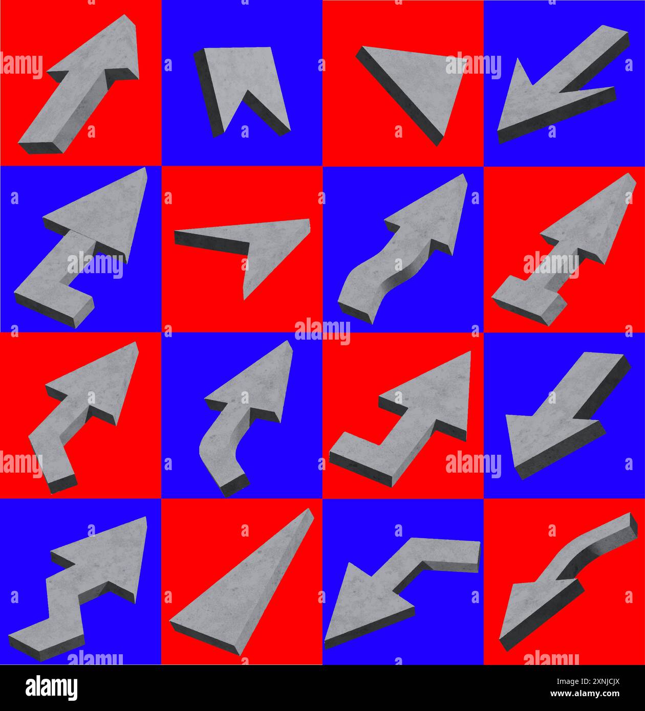 Brutalistischer Aufkleber mit grauen Pfeilen auf leuchtendem rot-blauem Hintergrund. Einzigartige geometrische Designs, abstrakte moderne Kunst Stock Vektor
