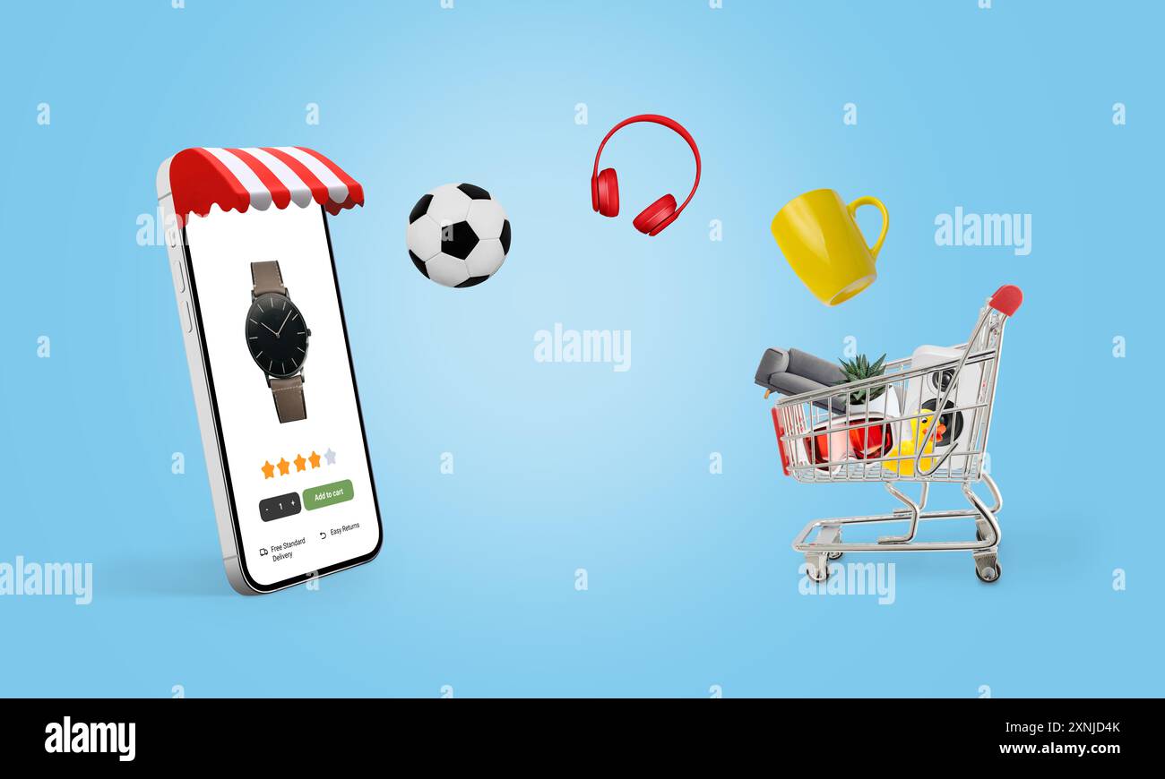 Telefon mit einer Markise im Geschäft, die Produkte zeigt, die auf einen Einkaufswagen springen. Konzept des Online-Shoppings und des digitalen Einzelhandels Stockfoto
