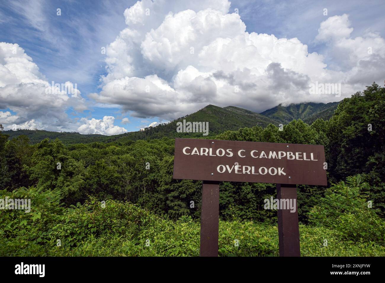 Great Smoky Mountains National Park, Tennessee, USA-21. Juli 2024: Panoramablick vom Carlos C. Campbell Overlook mit dramatischer Wolkenlandschaft. Stockfoto