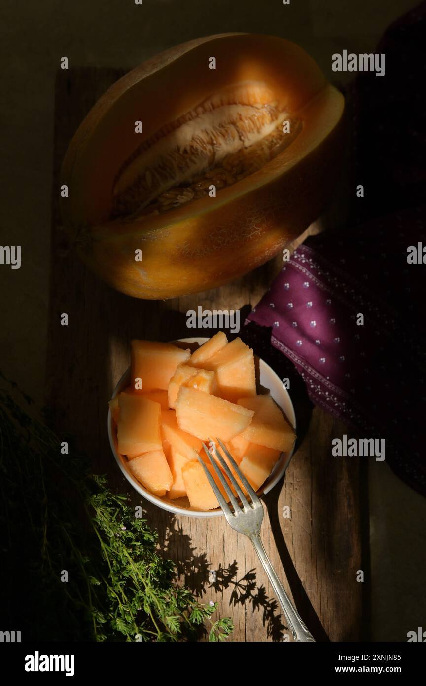 Details der Melone, Sonnenstrahlen und Schatten Stockfoto