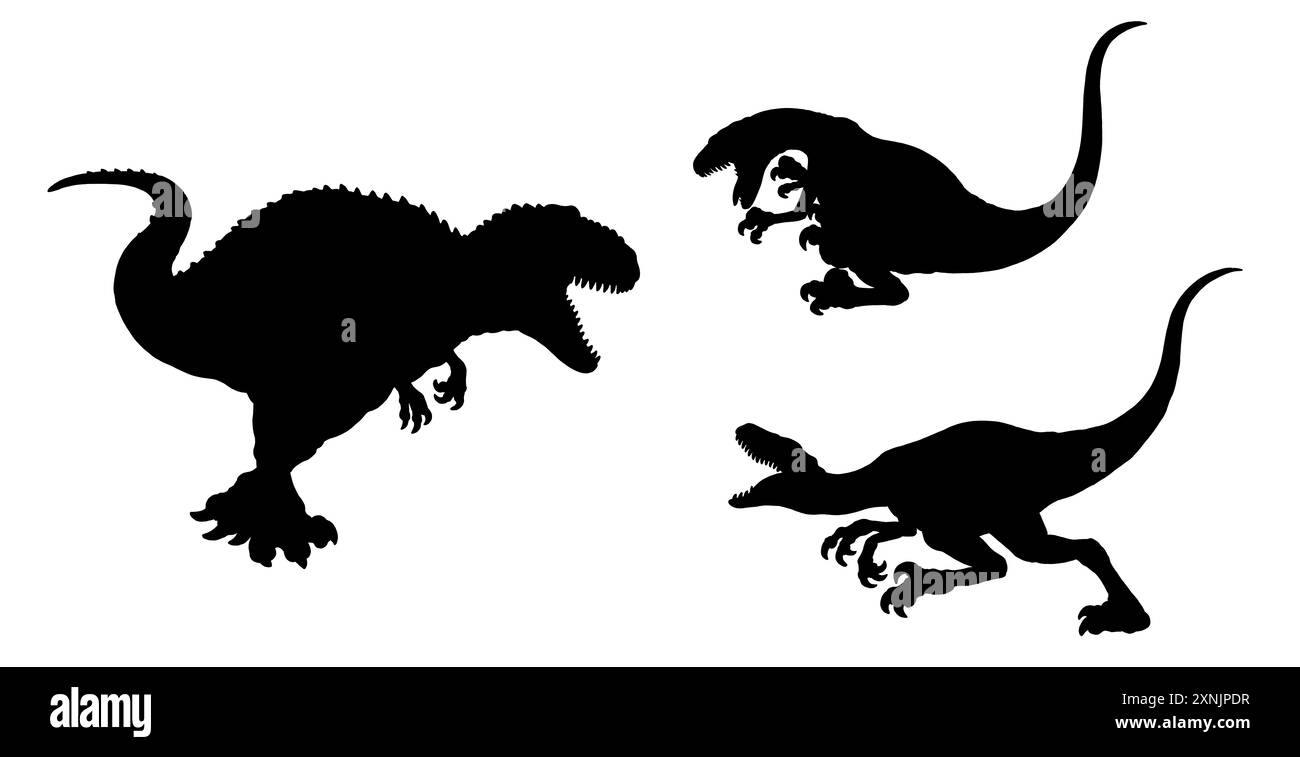 Schwarze Silhouette fleischfressender Dinosaurier. Velociraptor und Giganotosaurus. Dinosaurier-Illustration. Stockfoto
