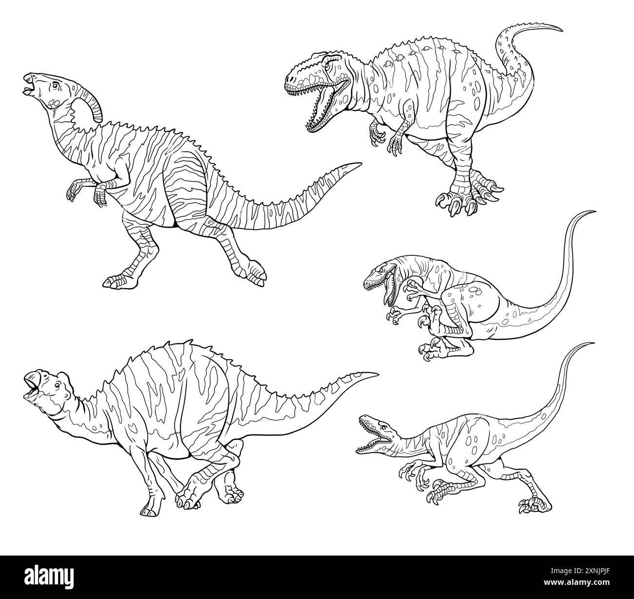 Dinosaurierjagd. Velociraptor und Giganotosaurus greifen Parasaurolophus und Edmontosaurus an. Dinosaurier-Illustration. Stockfoto