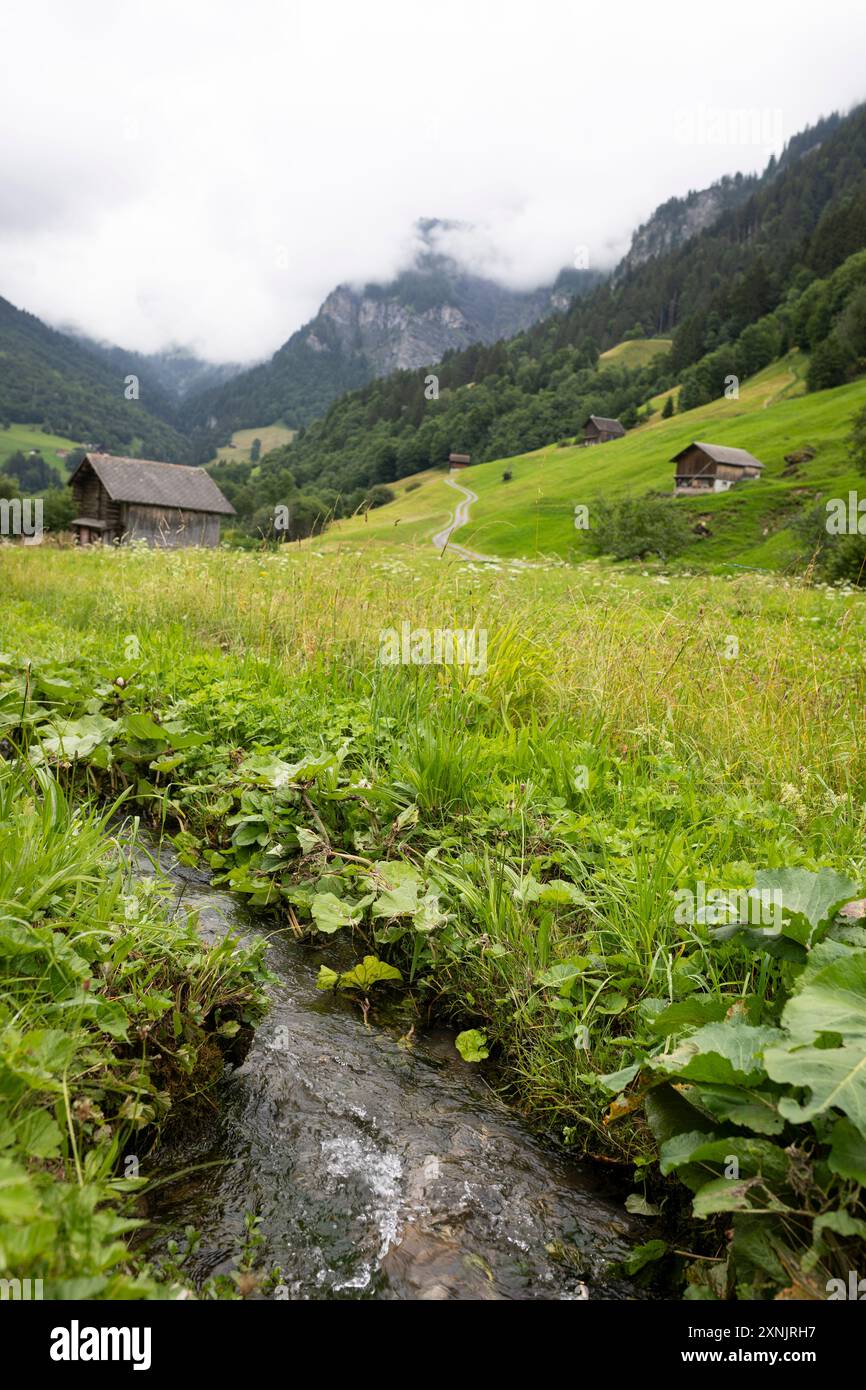 Berglandschaft mit einem kleinen Bach, der durch Wiesen bei Elm in der Schweiz schwimmt Stockfoto