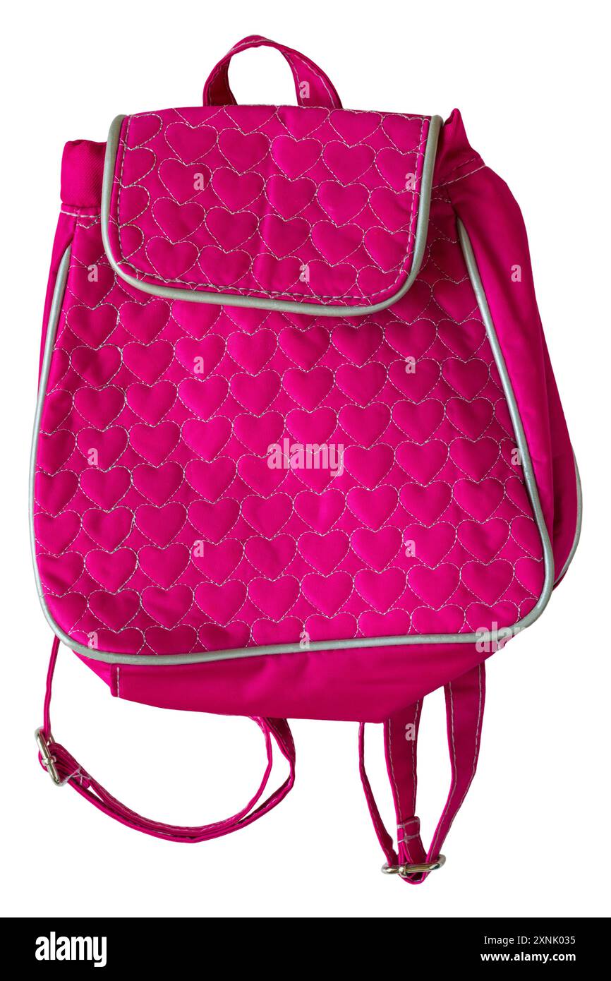 Mädchen rosa Rucksack Rucksack Tasche mit Herzen auf isoliert auf weißem Hintergrund Stockfoto