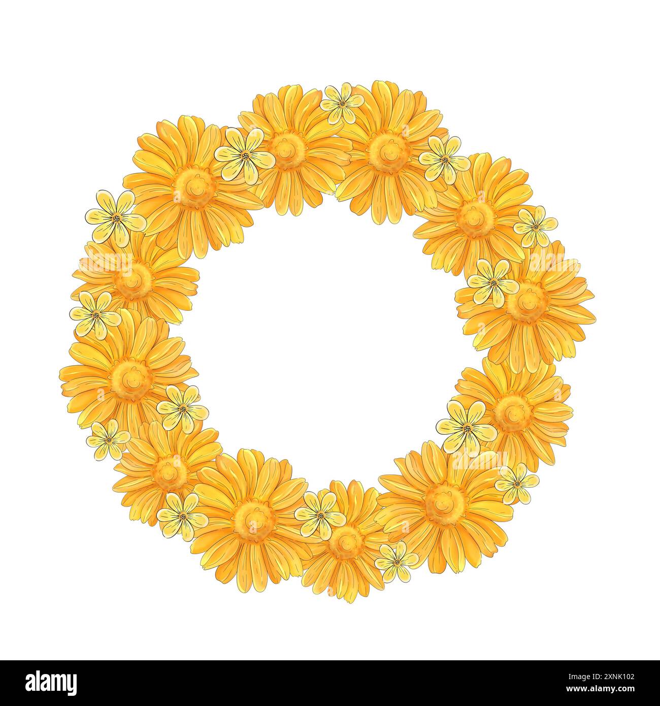 Aquarellfarben-Frühlingskreisrand, Rahmen-Eimer von Primeln. Kamille, orangefarbene Blüten. Romantische Grenze. Schöne Blumen für Einladung, Hochzeit Stockfoto