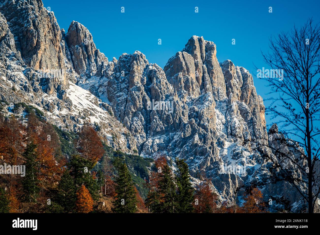 Val Pesarina in herbstlicher Atmosphäre. Zwischen Wäldern und den alten Orias-Ställen. Stockfoto