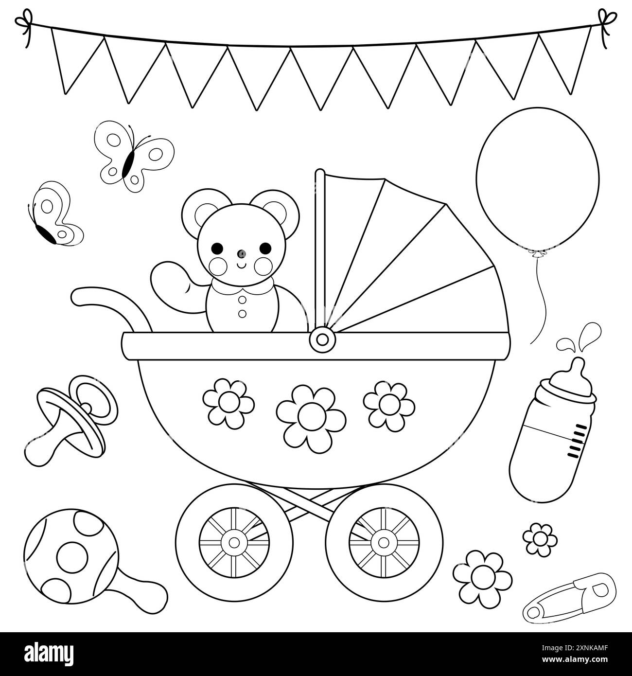 Kinderwagen für Mädchen und Jungen, süßer Teddybär und Accessoires. Party mit Baby-Dusche. Schwarzweiß-Ausmalseite Stockfoto