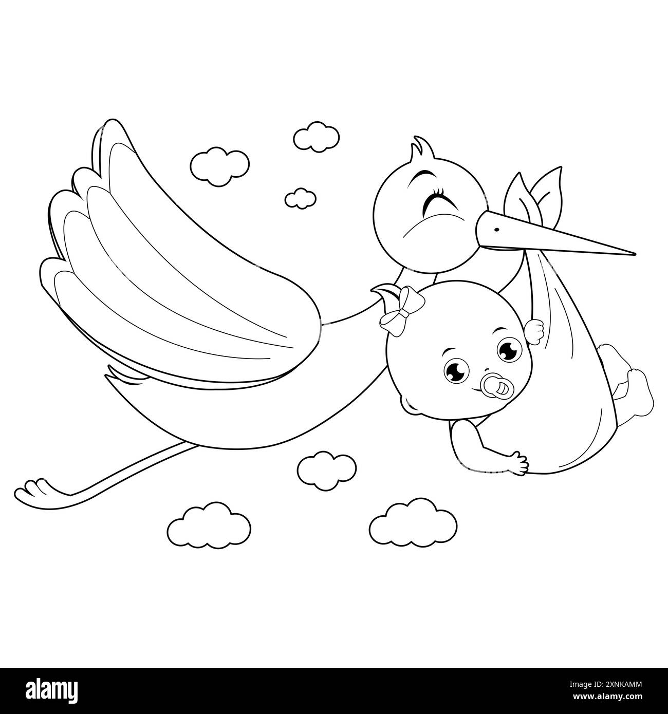 Storch liefert ein neues Mädchen. Baby-Ansage. Weißstorch, der ein süßes Baby trägt. Die Geburt eines Neugeborenen. Schwarzweiß-Ausmalseite Stockfoto