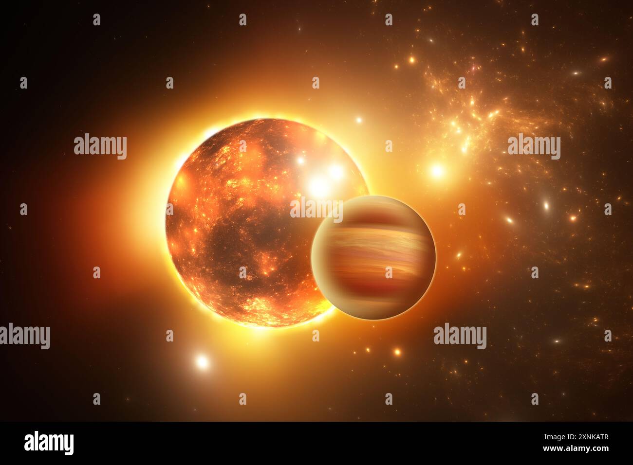 Planet außerhalb unseres Sonnensystems. Exoplanet und exoplanetares System. Der ultraheiße Gasgigant umkreist seinen Stern. 3D-Abbildung Stockfoto