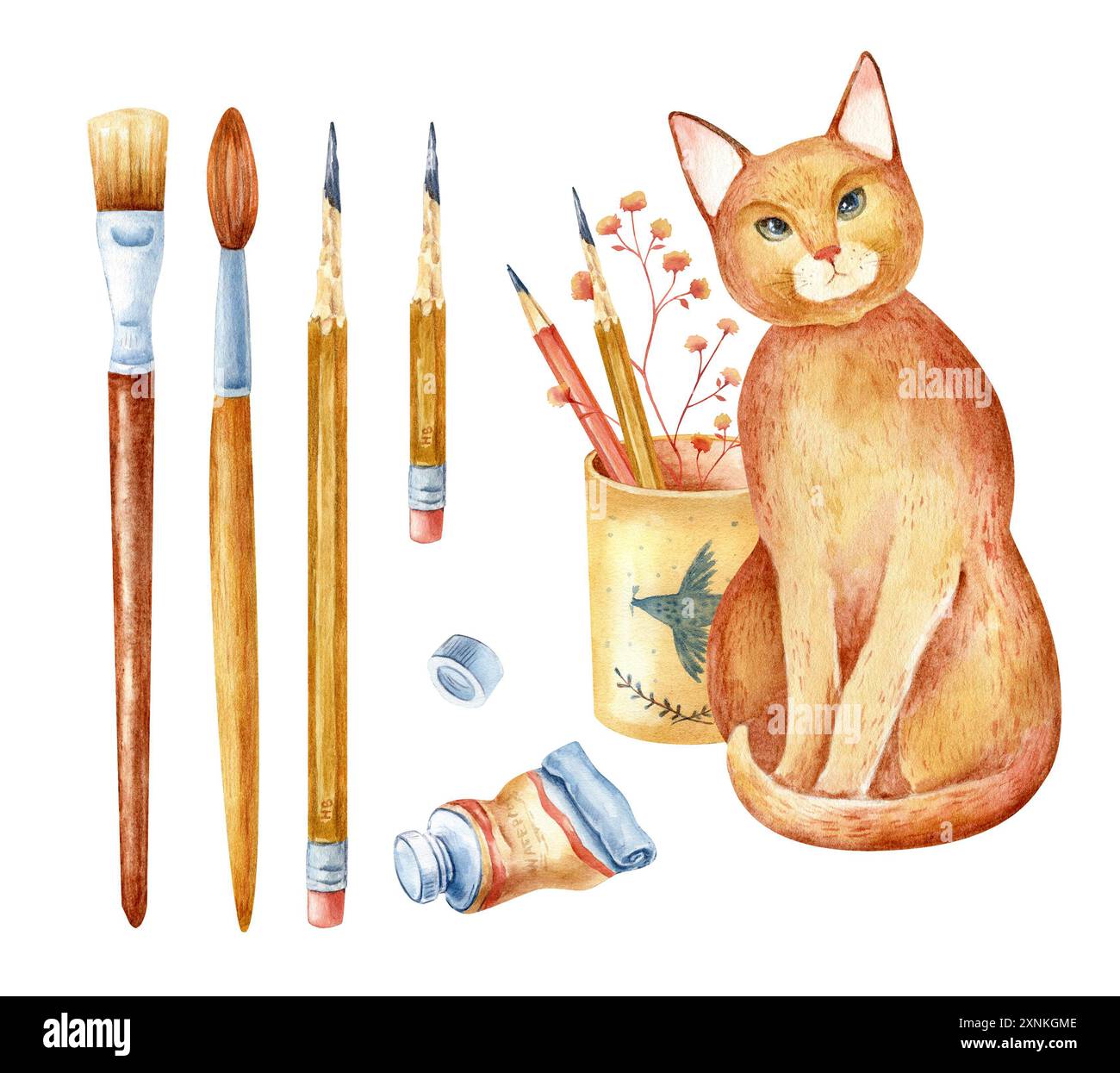 Aquarell-Illustration der Künstlerkatze. Materialien für Kreativität, Schule, Bildung und Schüler. Rote Katze und Bleistifte Stockfoto